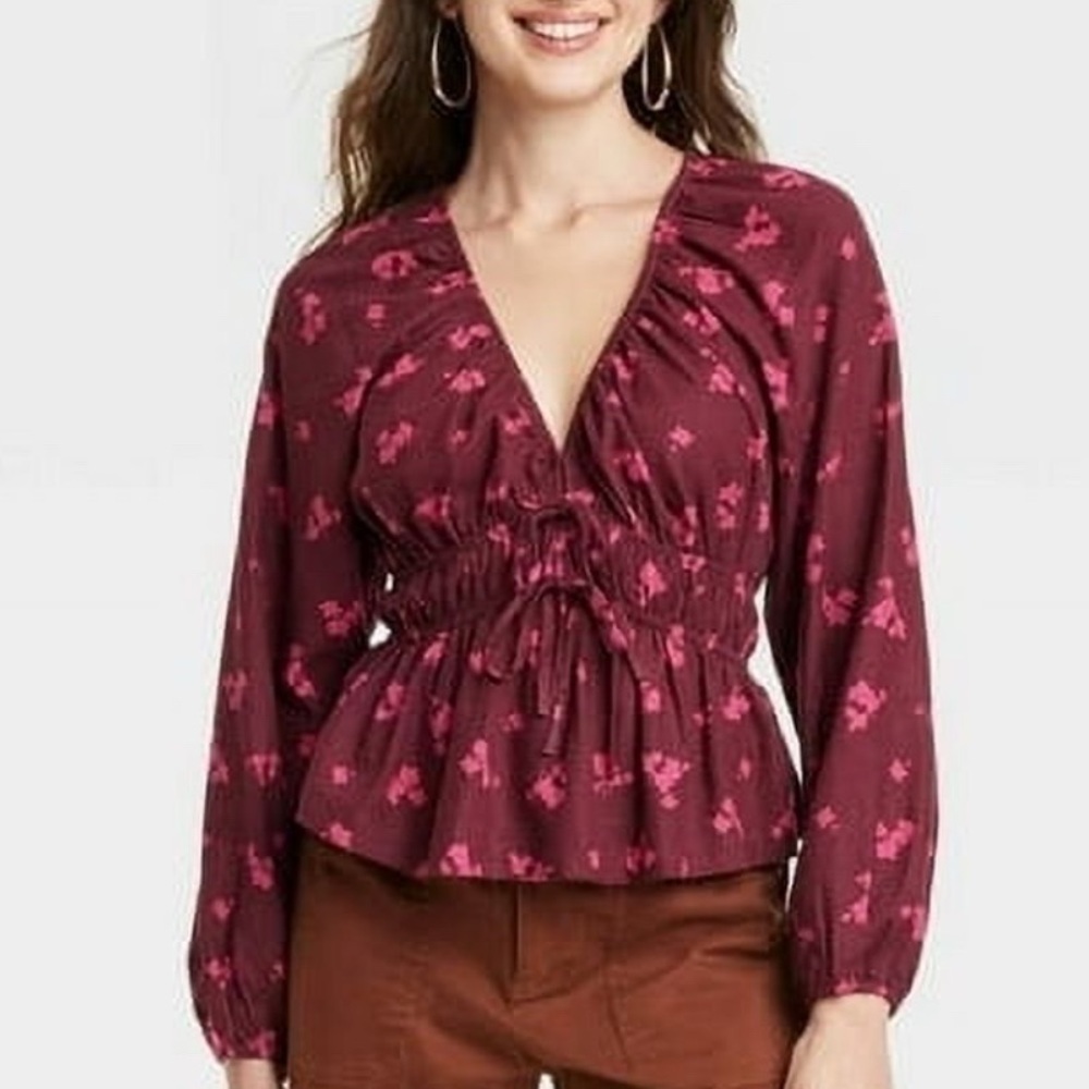 Universal Thread Women's Puff Long Sleeve Tie Front Blouse (664)
